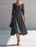 Women's Minimalist Solid-Color Cotton-Linen Off-Shoulder Button-Front Midi Dress MDZ1094G5ZRK