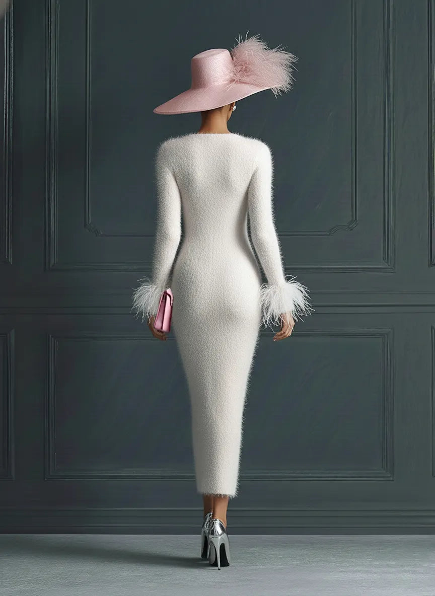 White Mohair V-neck Button Imitation Ostrich Feather Midi Dress