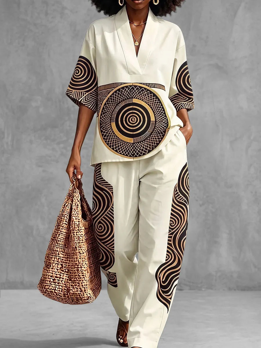 Printed Contrast Color Loose Half Sleeves V-neck Blouses&shirts Tops
