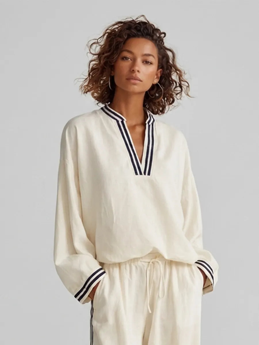 Women's Elegant Casual Off-white Linen Contrast-Stripe Stand-Collar V-Neck Long-Sleeve & Wide-Leg Trouser Set MDZ2059G3CMX