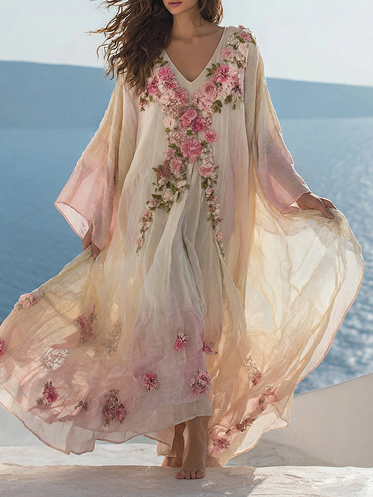 Women's Vintage Floral Rose Embroidery Art V-neck Kaftan