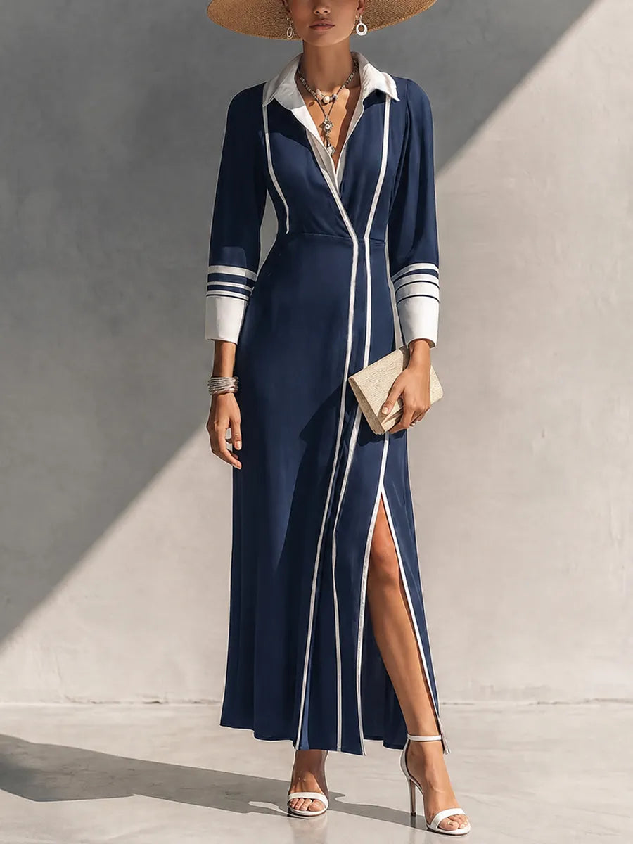 Women's Affordable Luxury Navy Cotton Blend Contrast Color Collar 3/4 Sleeve Side Slit Knit Dress MDZ0210G4GMJ