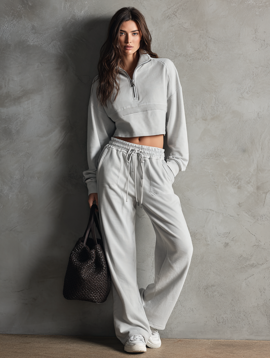 Women's Casual Light Gray Long-sleeved Sweatshirt Paired With Trousers MDZ1744G5LXY