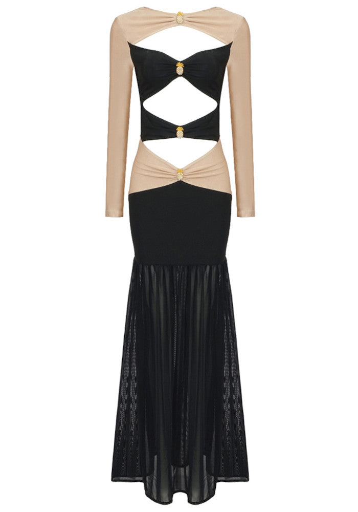 Long Sleeve Cut Out Detail Maxi Dress Black Nude