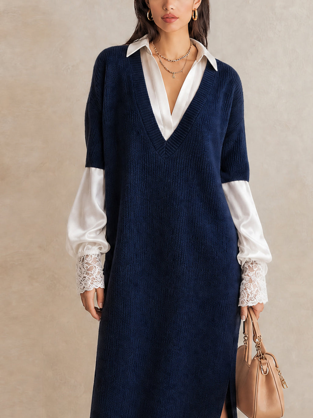 Navy Layered Lace Trim Knit Midi Dress