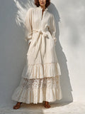 Women's Bohemian Resort-Style Off-white Ruffled Stand-Collar Bishop-Sleeve Belted Pleated Lace-Paneled Maxi Dress MDZ1432G3CMX