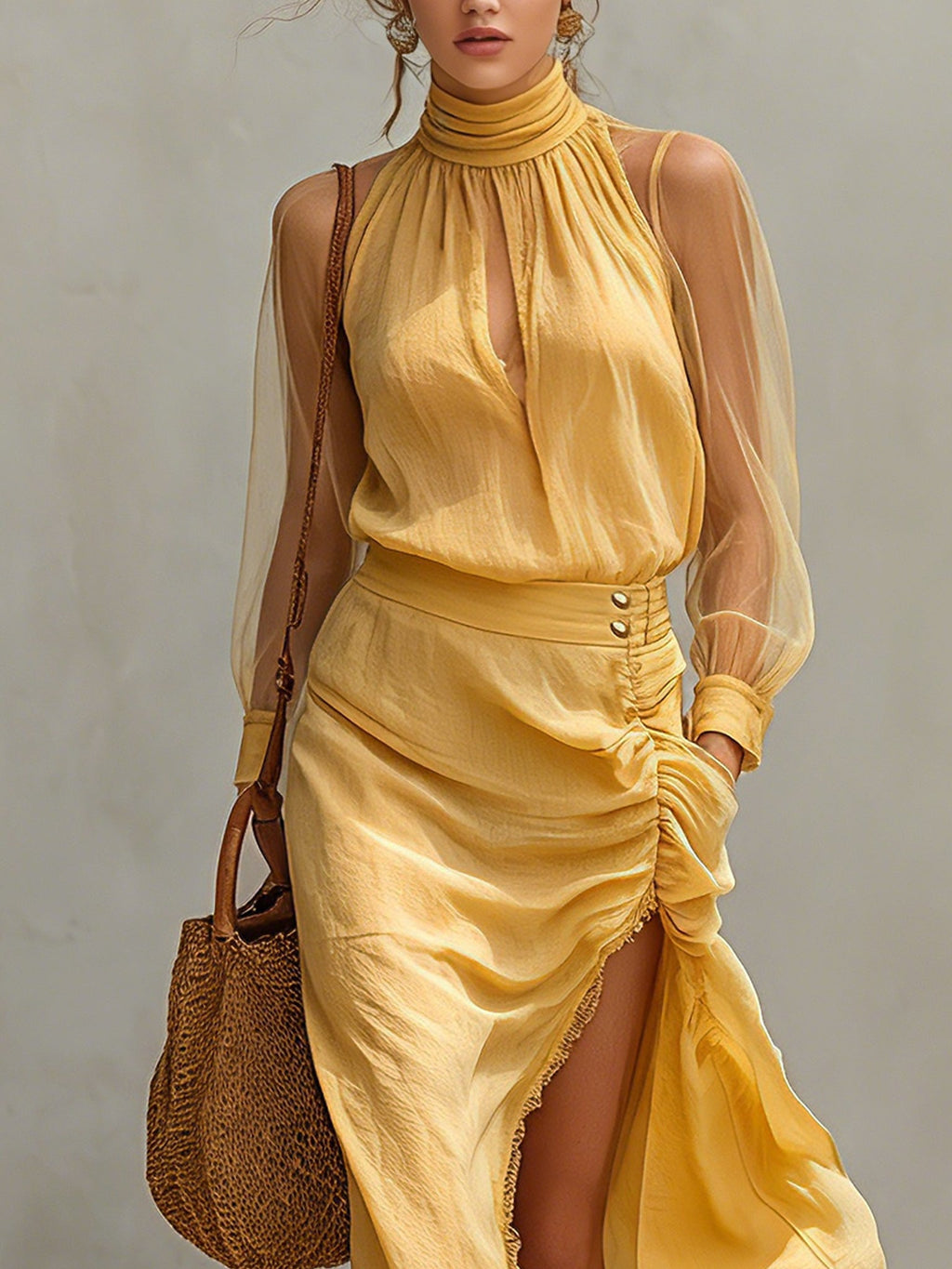 Yellow Cotton Linen Long Sleeve Maxi Dress