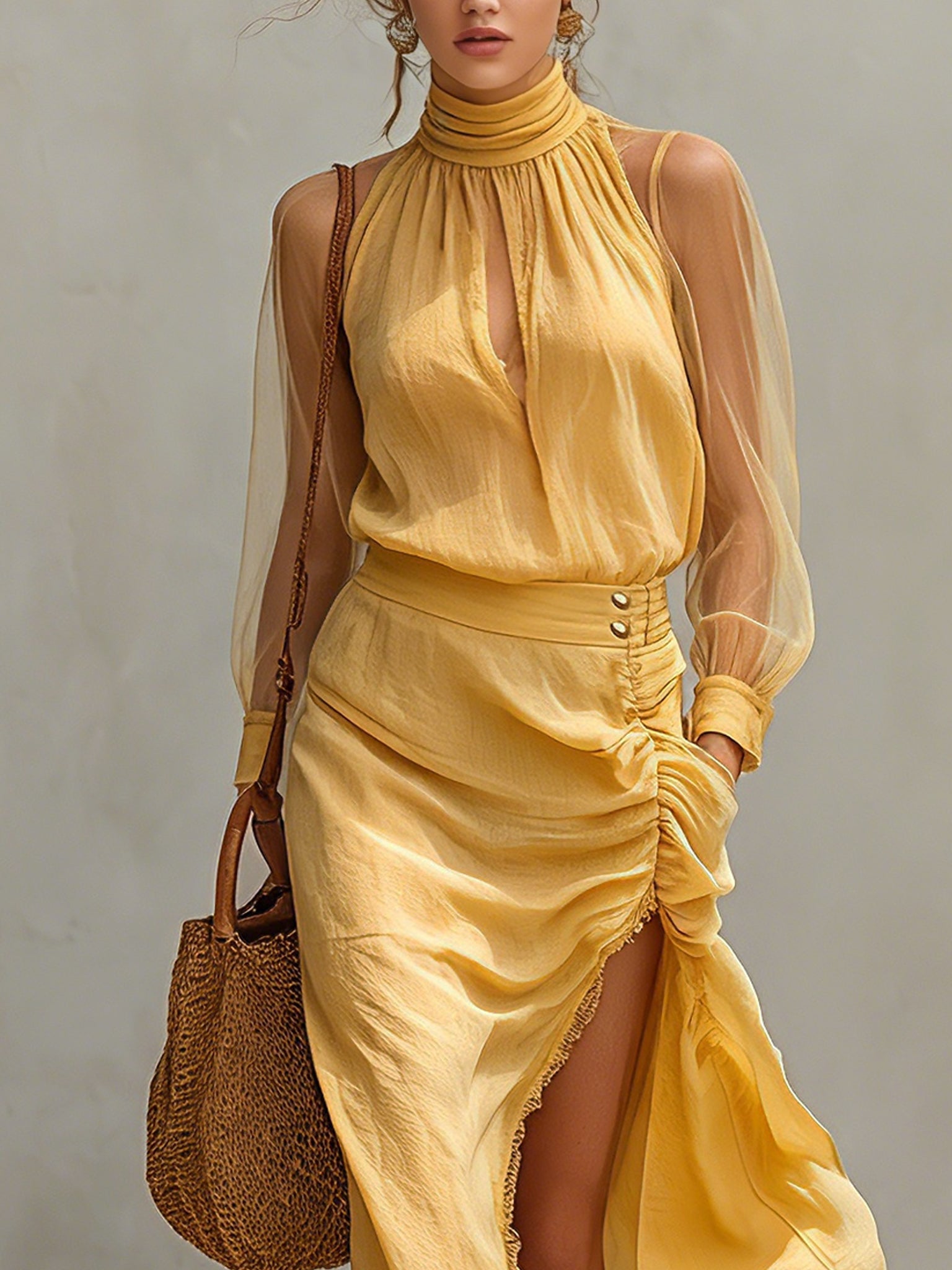 Yellow Cotton Linen Long Sleeve Maxi Dress