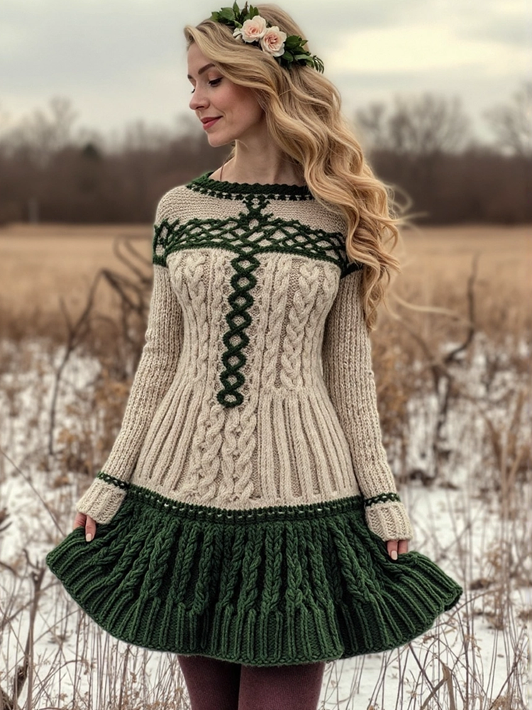 Women's Irish Celtic Knot Crew Neck Cozy Sweater Dress