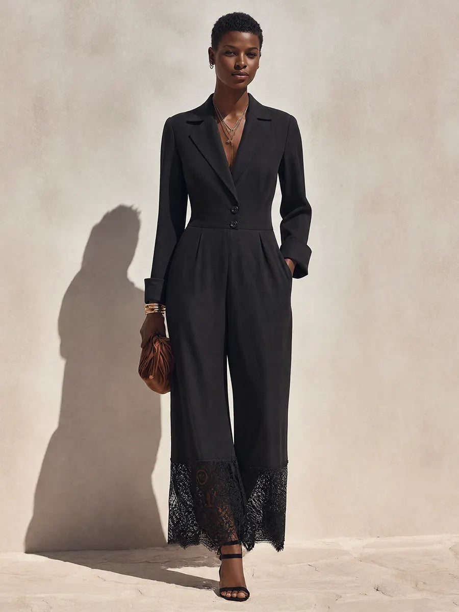 Women's Minimalist Long-Sleeve Wide-Leg Jumpsuit With Notch Lapel And Lace-Trimmed Hems MDZ0665G7ZRK