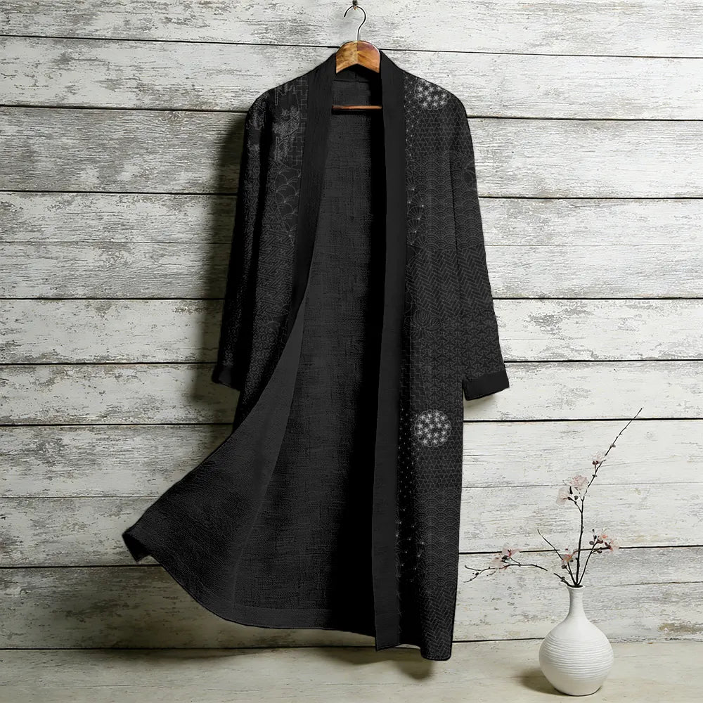 Vintage Japanese Sashiko Art Flowy Linen Long Kimono