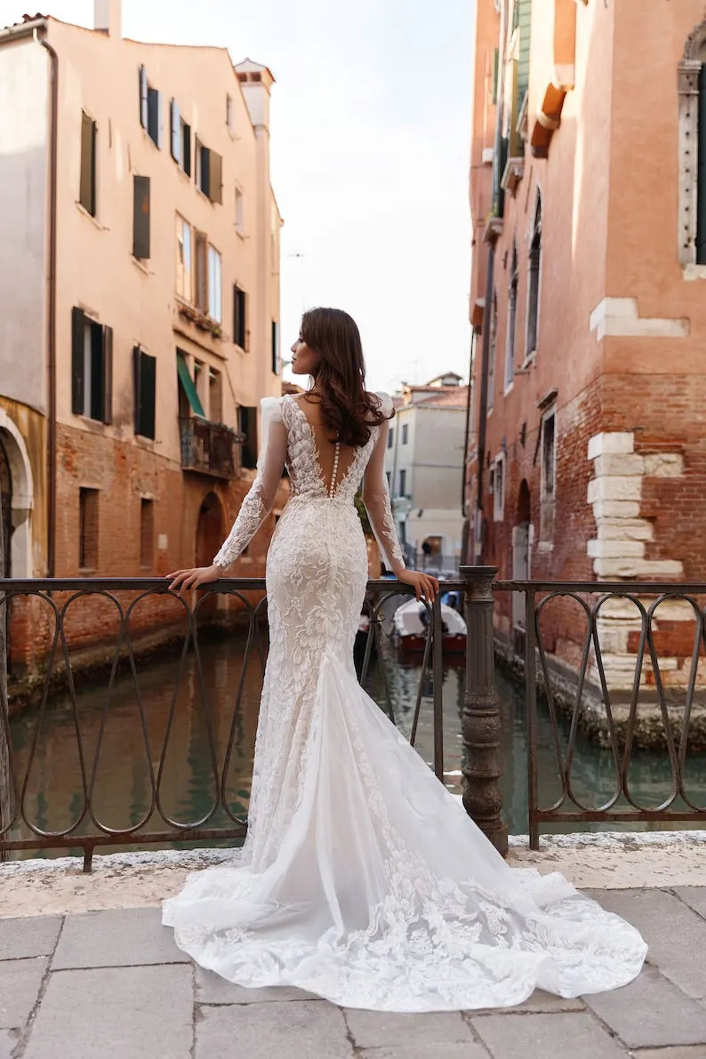 Luxurious Mermaid Fitted silhouette Transparent Long Sleeve Lace Appliques Pearl sequin Embroidered Train wedding dress