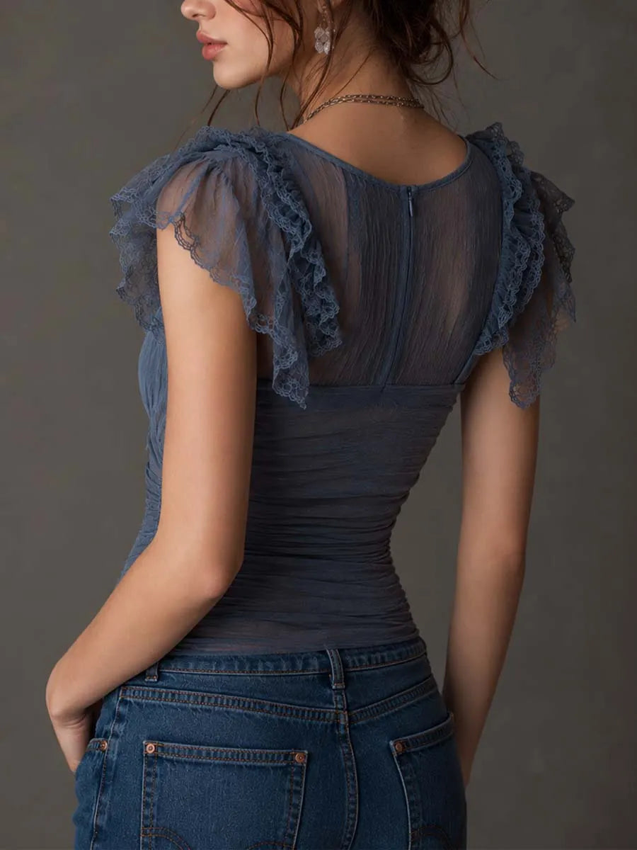 Dusty Blue Lace-Trimmed Ruched Tencel Crinkle Chiffon Top