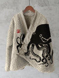 Octopus Japanese Lino Art Cozy Fleece Kimono Cardigan