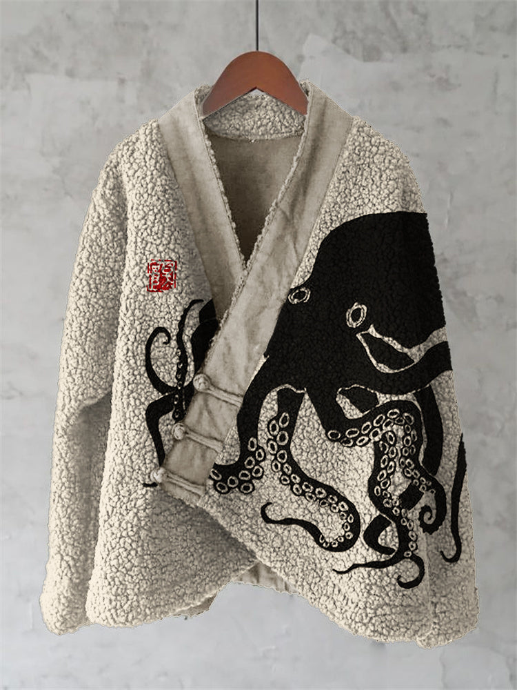 Octopus Japanese Lino Art Cozy Fleece Kimono Cardigan