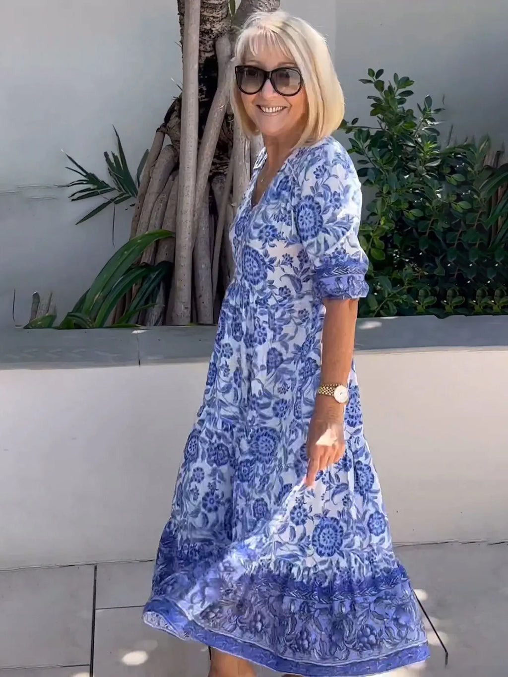 Boho Deep V Half Sleeve Dress Loose Floral Skirt Vacation Dress