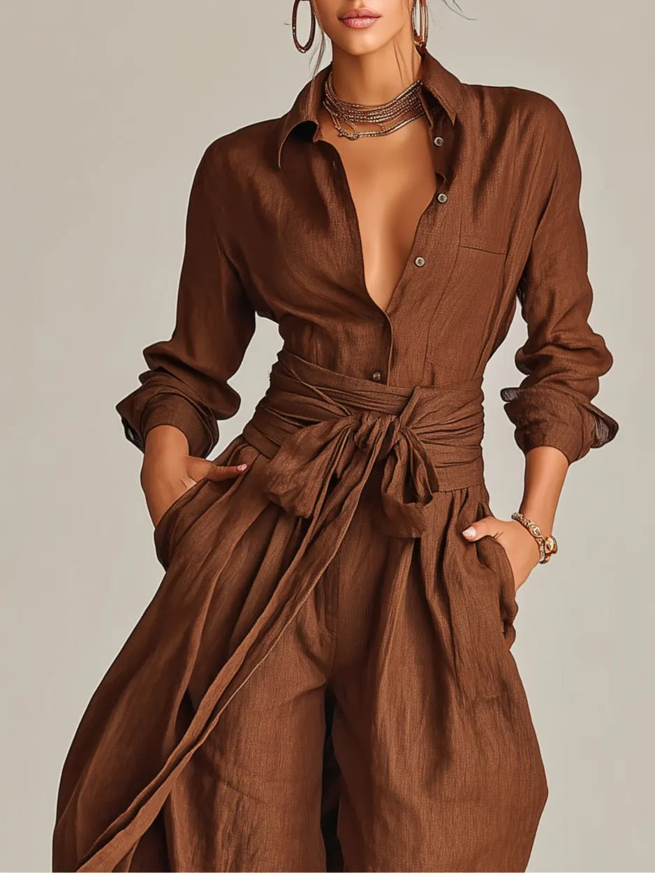 Brown Long-sleeved Shirt-collar Jumpsuit (with belt)