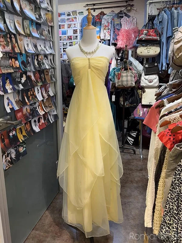 Yellow Elegant Sweet Sleeveless A-Line Tulle Long Chiffon Ball Gown Party Dress Bridesmaid Dress Wedding Guest Party Dress 4116