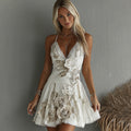 Women's Vintage White Rose Embroidered Suspender Mini Dress