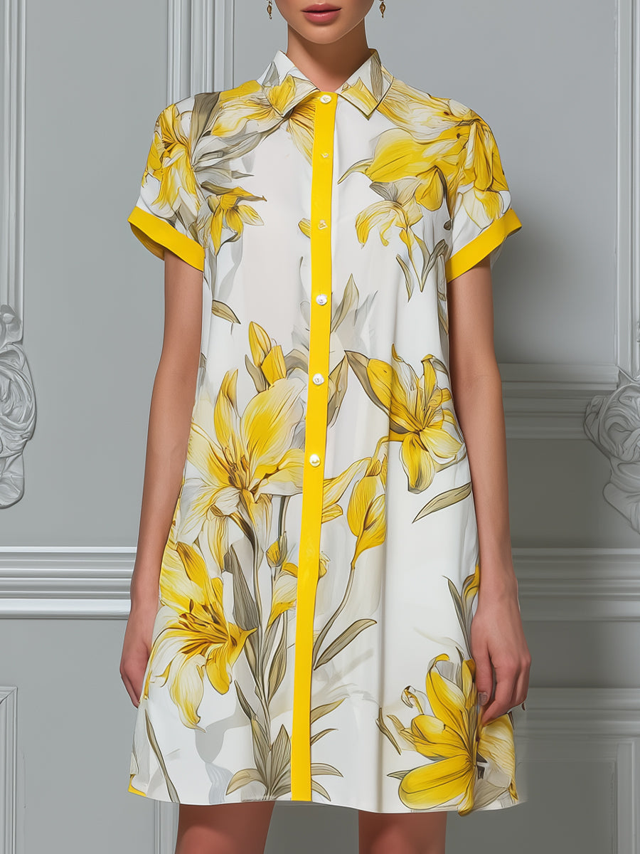 Sunshine Lily Vibrant Floral Button-Down Mini Dress