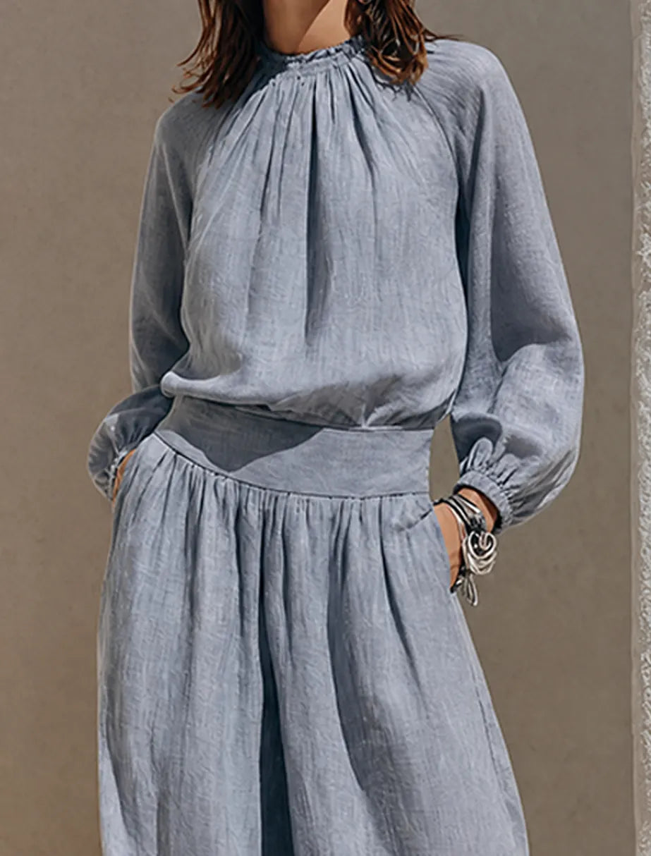 Women's Blue-Grey Solid Cotton-Linen Maxi Dress With Ruffled High Neck MDZ0858G7ZRK