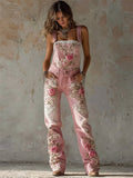 Vintage Pink Roses Glitter Embroidered Washed Denim Overall Jumpsuit