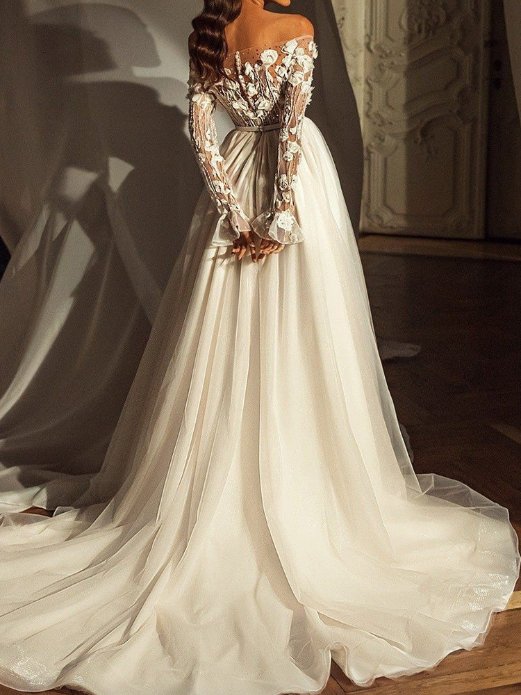 Stylish Off-The-Shoulder Applique See-Through A-Line Wedding Maxi Dress
