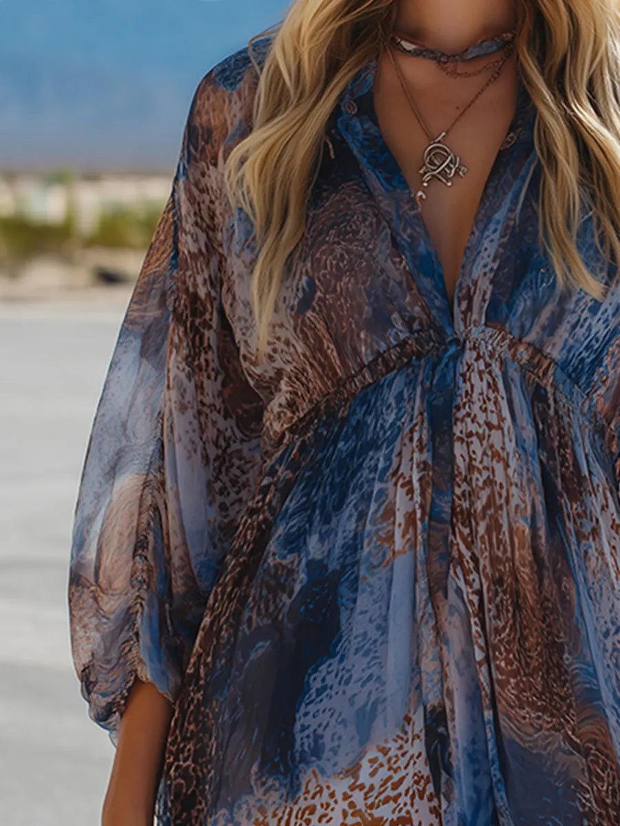 Retro Western-Style Blue Ombré Animal Print Chiffon Mini Dress