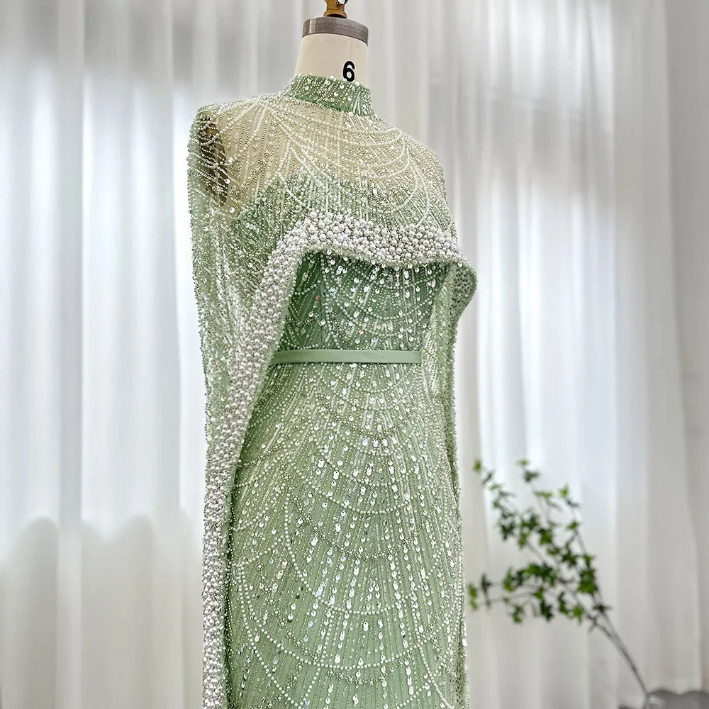 Dreamy Vow Luxury Pearls Dubai Champagne Evening Dresses with Cape 2023 New Arabic Women Mermaid Wedding Party Prom Dress 369