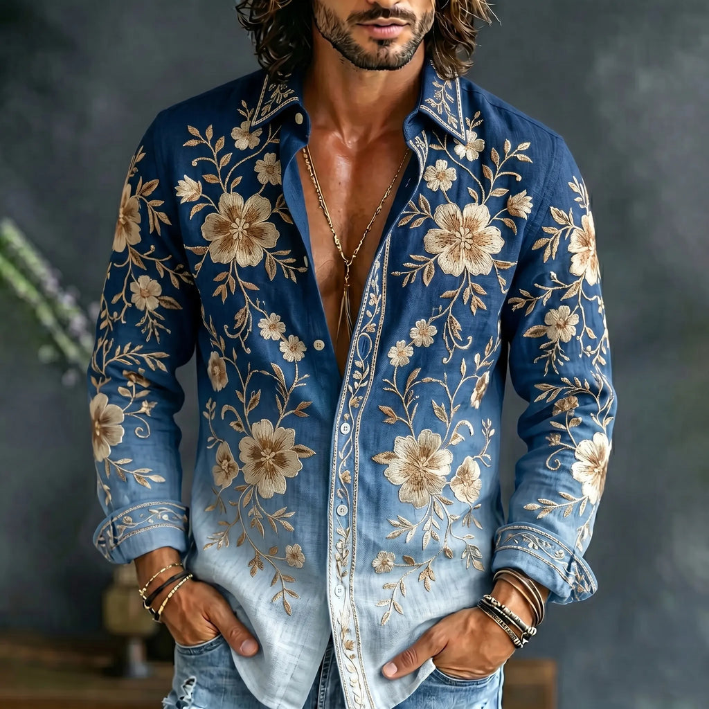 Men's Vintage Floral Art Print Long Sleeve Linen Blend Casual Shirt