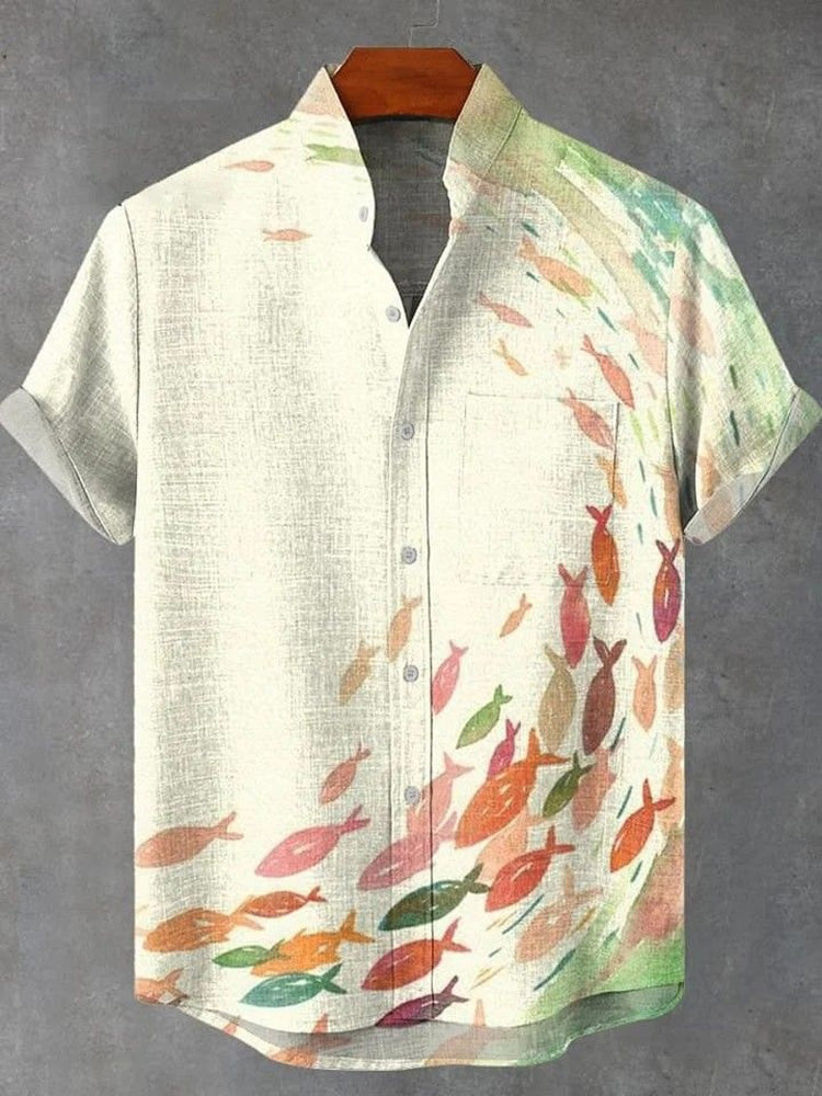 Japanese Fish Pattern Print Casual Shirt