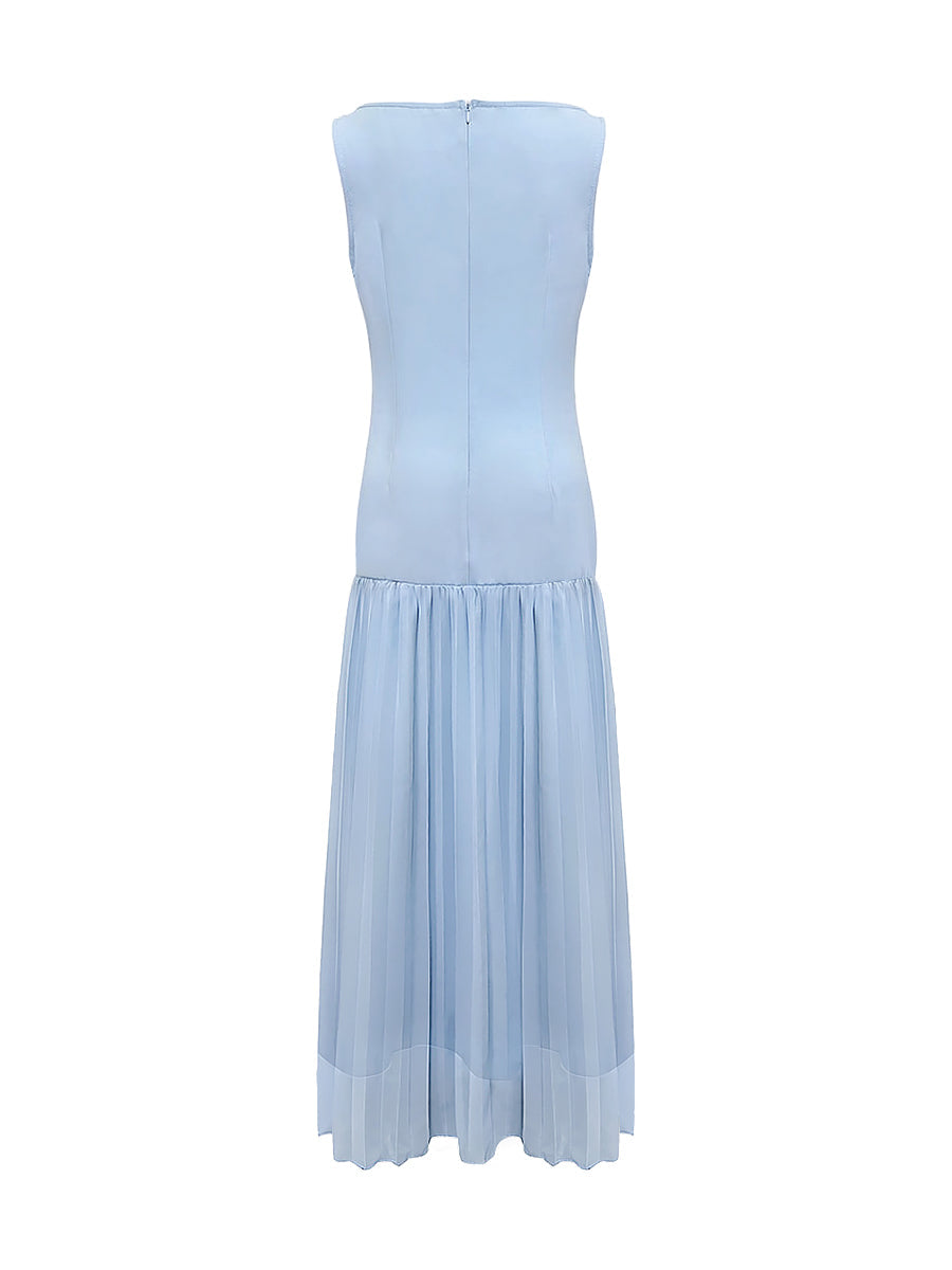 Sleeveless Gauze Pleated Solid Color Split-Joint Boat Neck Evening Dresses Maxi Dresses