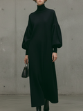 Women's Modern Black Turtleneck Puff-Sleeve Sweatshirt Maxi Dress MDA1503L6AU