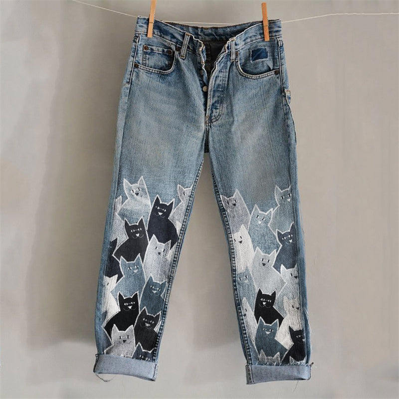 Lovely Crowded Cats Denim Art Washed Jeans