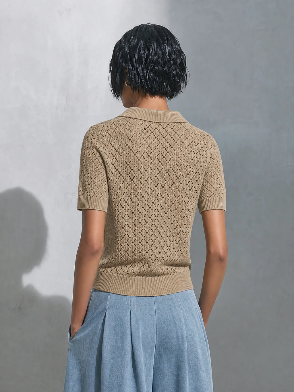 Women's Casual Chic Khaki Open-Knit Polo Short Sleeve Sweater Top MDZ1620G0ZSQ