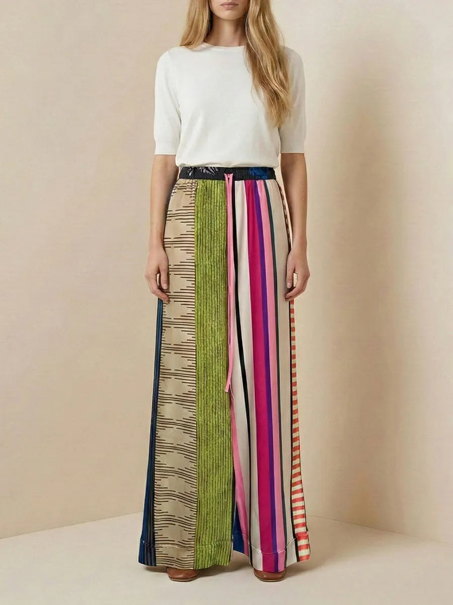 Loose Wide Leg Contrast Color Drawstring Printed Striped Casual Pants Bottoms Trousers