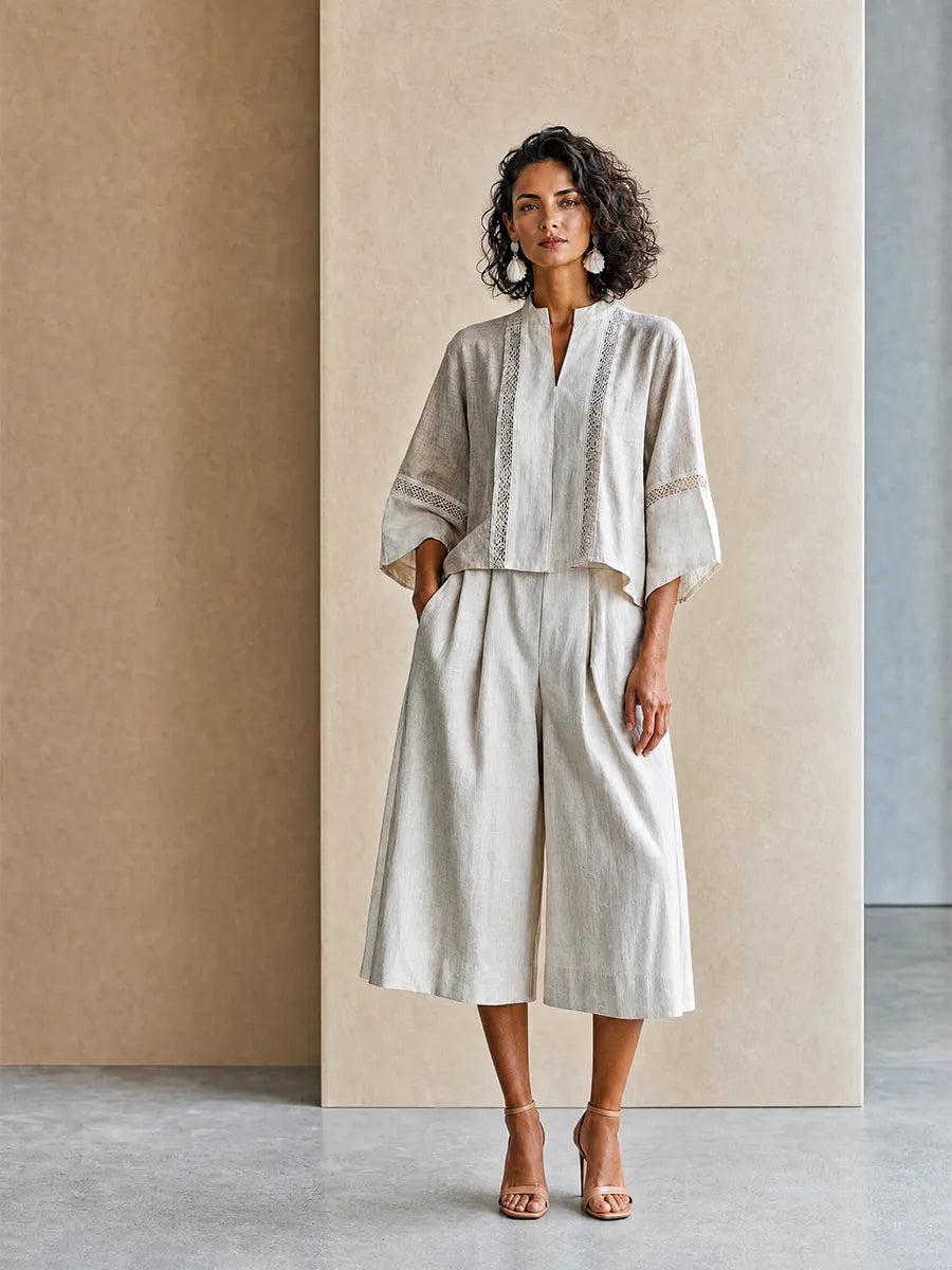 Women's Vacation-Style Cotton-Linen  Patchwork Stand-Collar Cropped Top + High-Waist Wide-Leg Pants MDZ0779G6CMX