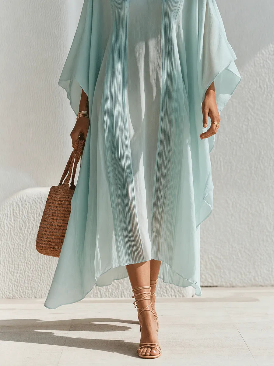 Effortless Resort Chiffon Pleated V-Neck Batwing Mint Blue Kaftan Maxi Dress