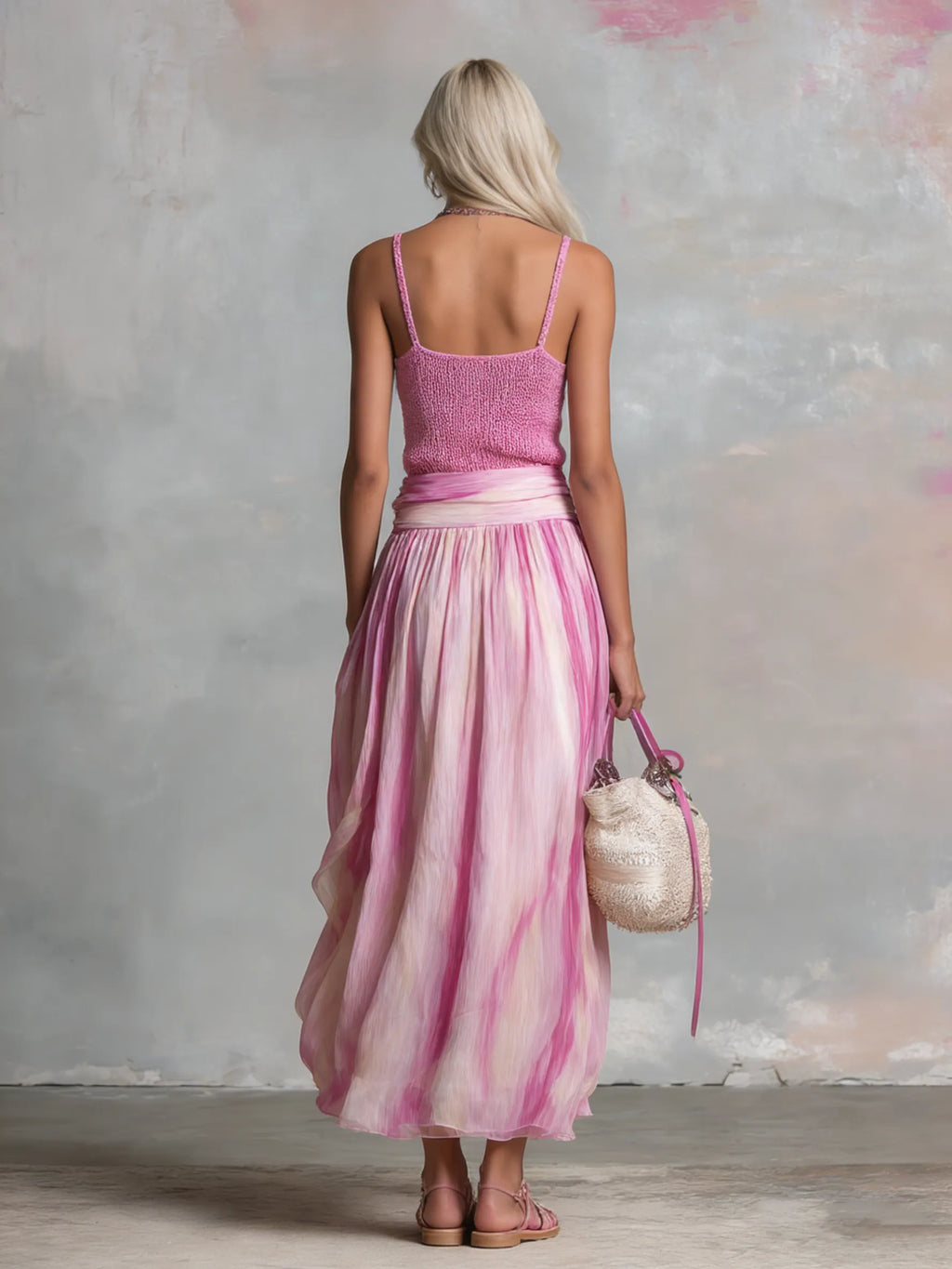 Retro-style Knitted Camisole Top And Printed Chiffon Skirt Set