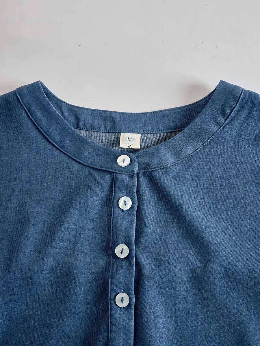 Retro Blue Tencel Denim Short-sleeved Maxi Dress