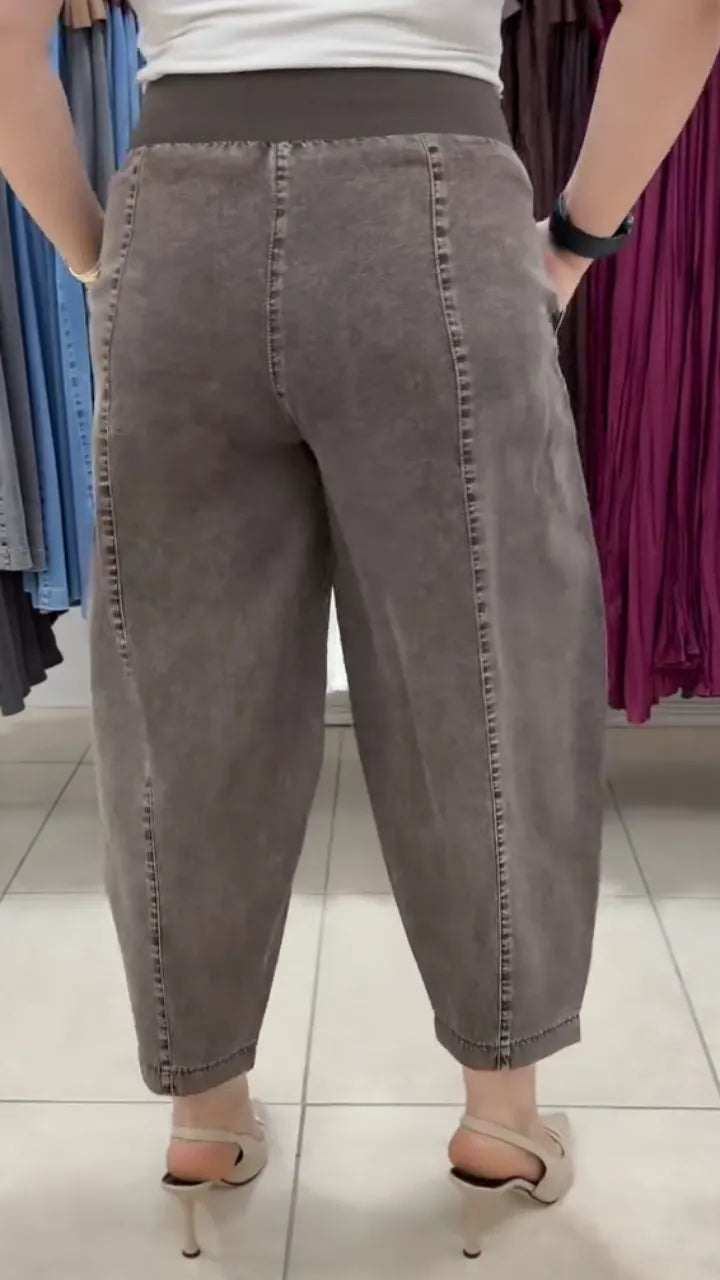 Washed Brown Elastic Waist Harem Pants