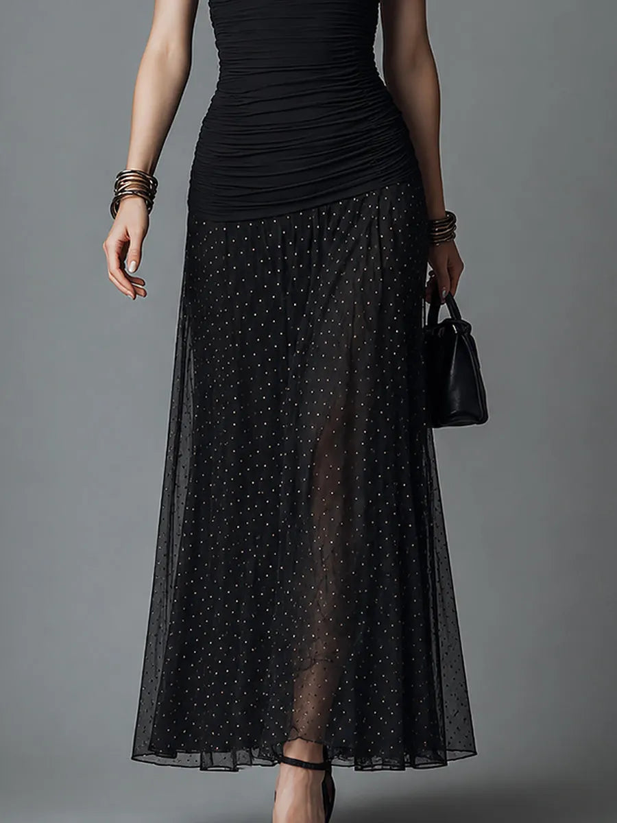 Retro Mesh-Paneled Polka-Dot Pleated Sleeveless Maxi Dress