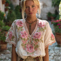 Bohemian Style Rose Embroidery V-neck Casual Short-sleeved Vintage Top