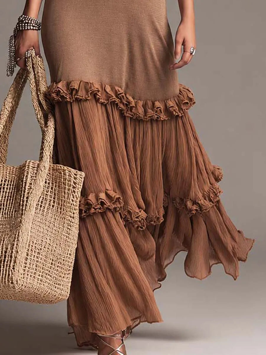Vintage Boho Ribbed Knit Crinkle Chiffon Tiered Ruffle Maxi Dress