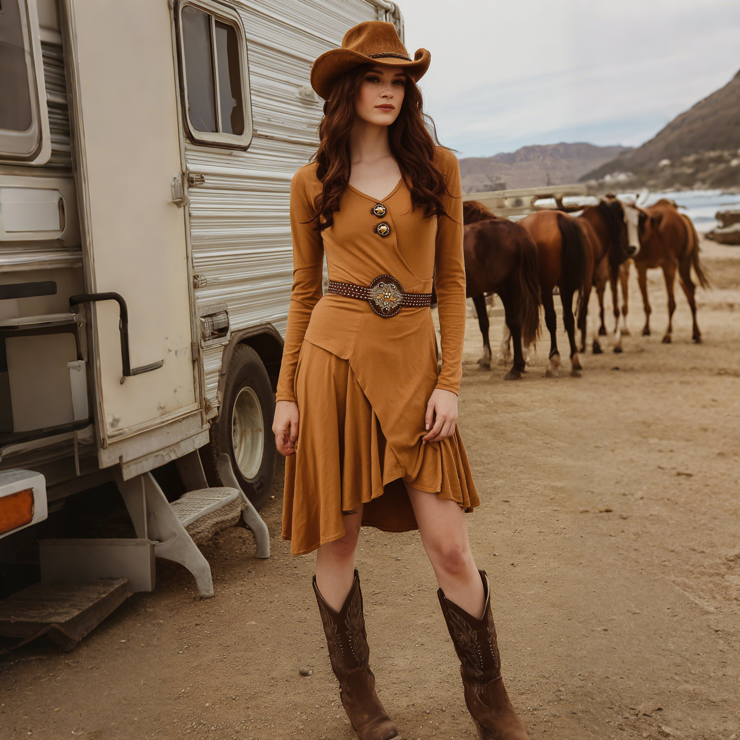 Women's Retro Western Style V-Neck Long Sleeve Dress