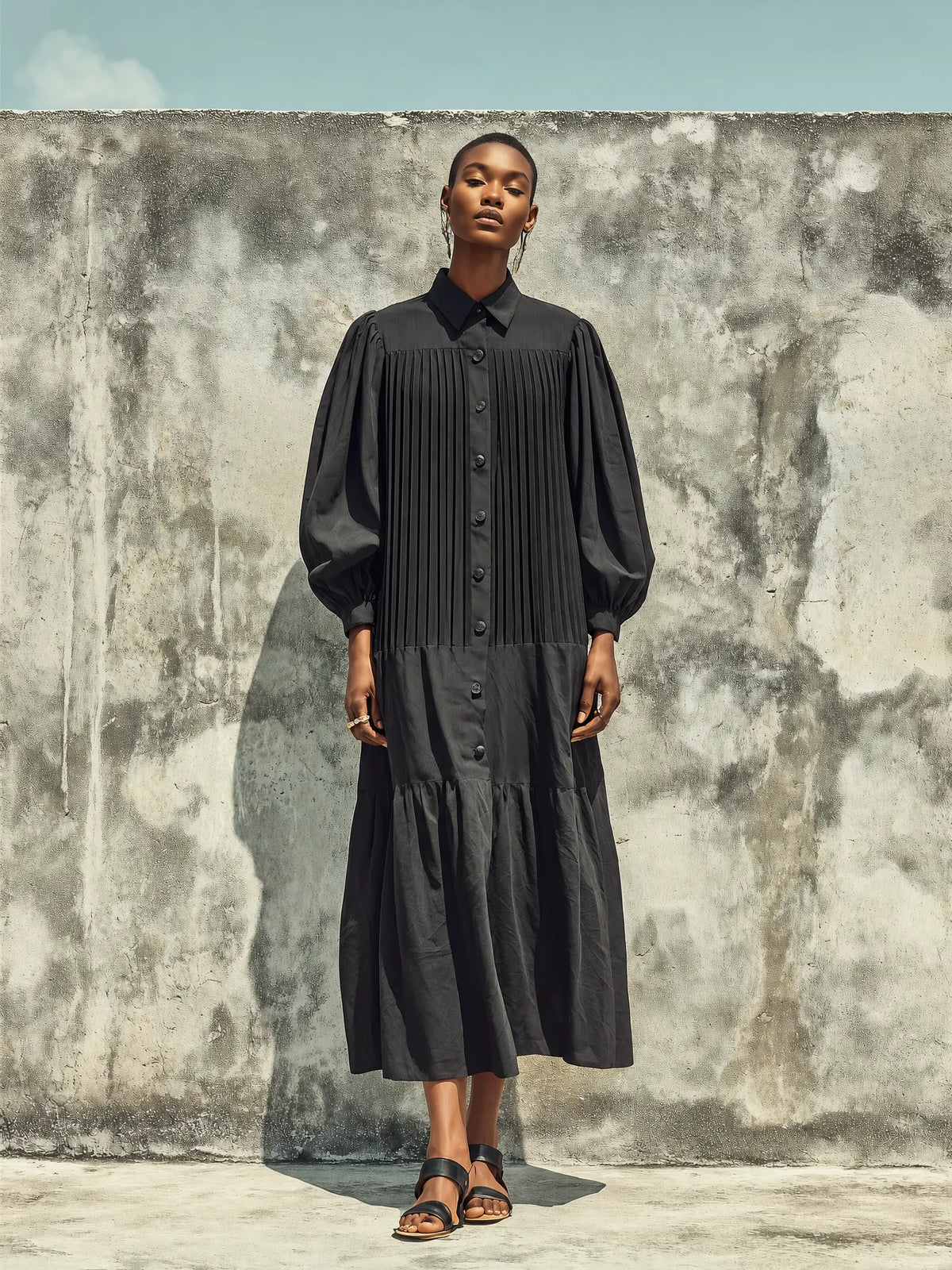 Women's Solid Black Cotton Blend Lapel Vertical Pleat Front Gathered Cuff Loose Fit Tiered Ruffle Midi Shirt Dress MDZ2092G4YZJ