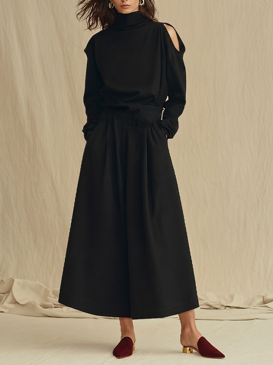 Women's Black Soft Woven Two-Piece Set With Turtleneck Cold Shoulder Long Sleeve Top & Side Pocket Skirt, Minimalist Elegant Smart Casual Matching Outfit MDZ0197G7LYL