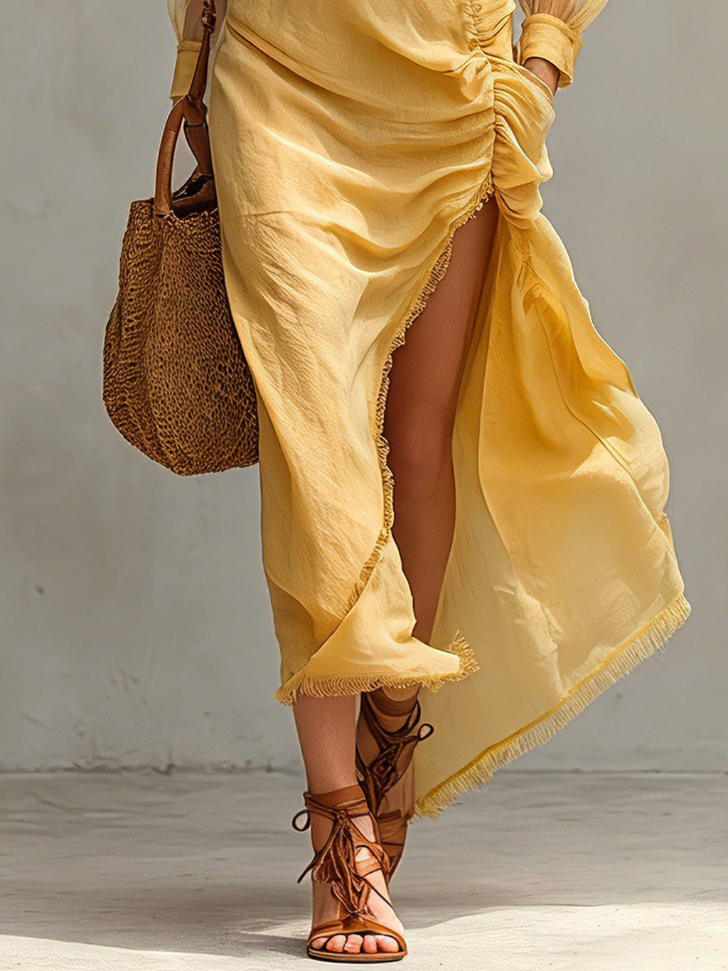 Yellow Cotton Linen Long Sleeve Maxi Dress