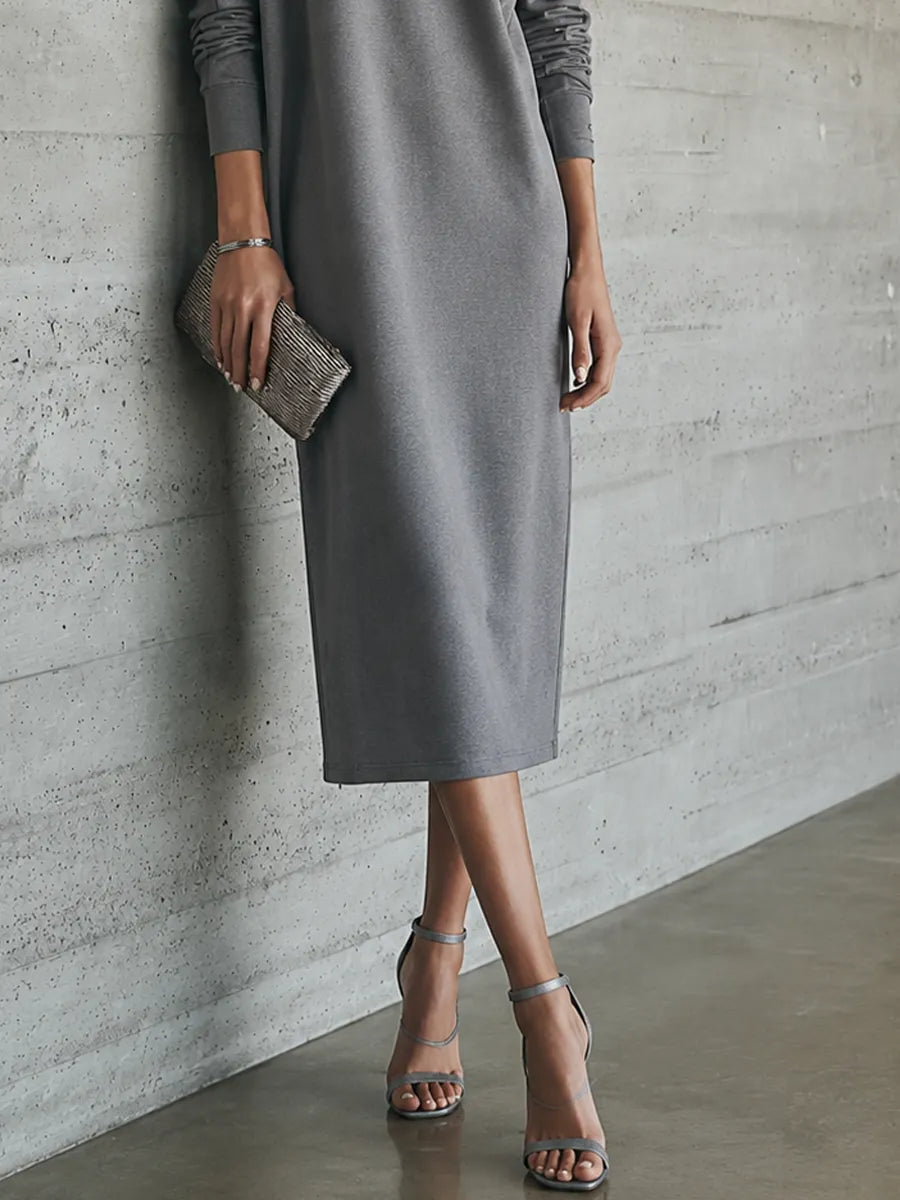 Women's Casual Chic Heather Gray Knit Cotton Blend V-Neck Studded Shoulder Loose Midi Dress MDZ1609G8GMJ