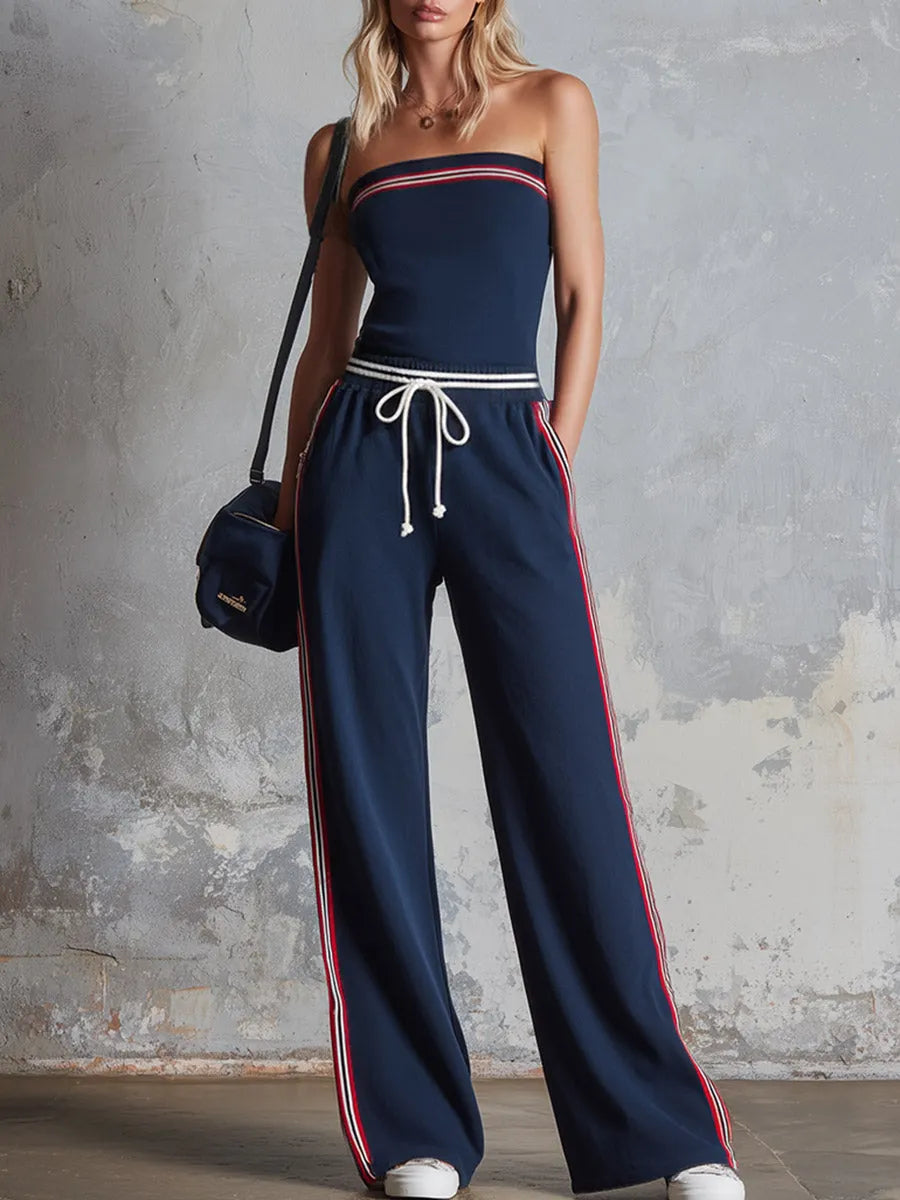 Retro-Sporty Striped-Trim Navy Cotton Off-Shoulder Jumpsuit